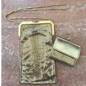 Vintage Whiting and Davis Metallic Gold Mesh Metal Purse and Wallet VGUC Gatsby